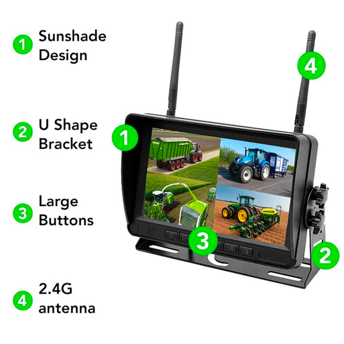 Agri Cam System! 2-4 Cam Wireless Backup Cam with 7inch LCD. HD Cams, up to 4 Cams, Wireless Range 200' Plus